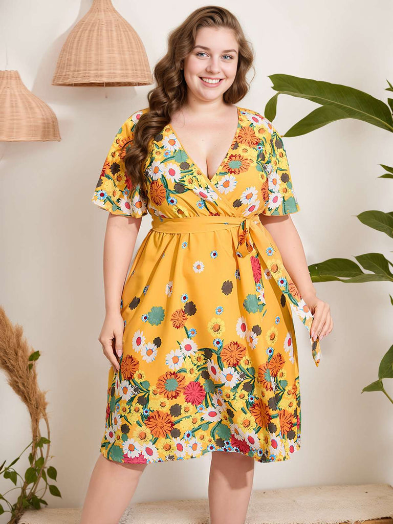 [Plus Size] Yellow 1950s V-Neck Belted Floral Dress | Retro Stage