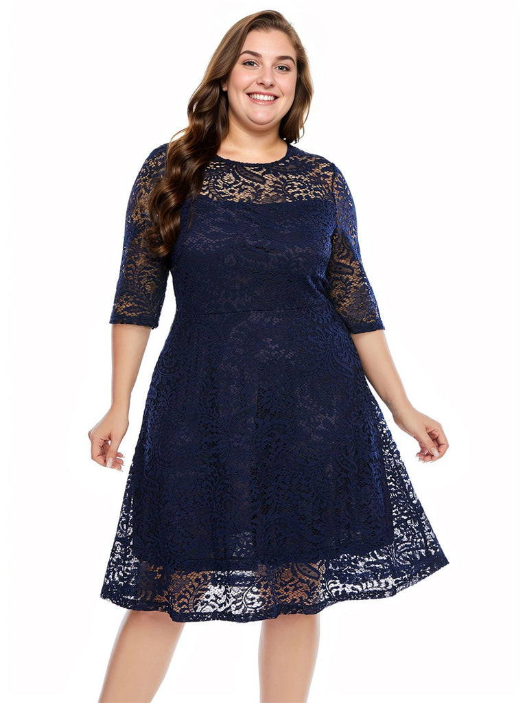 [Plus Size] Blue 1950s Lace Half Sleeves Dress | Retro Stage