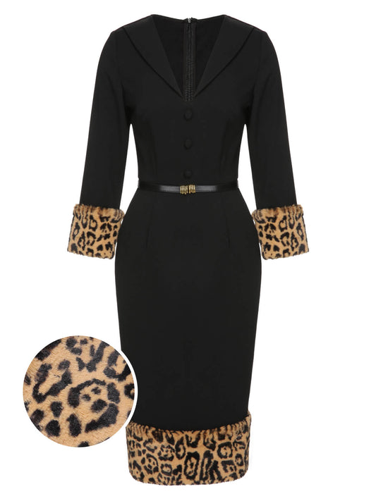 Black 1960s Leopard Plush V-Neck Pencil Dress