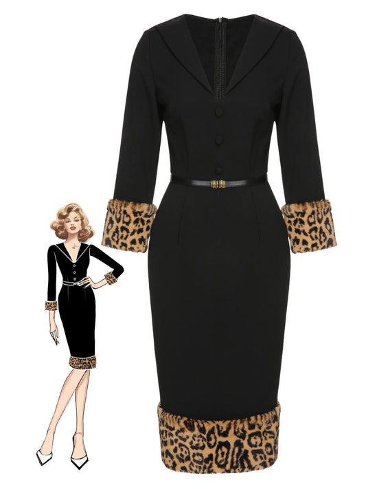 Black 1960s Leopard Plush V-Neck Pencil Dress