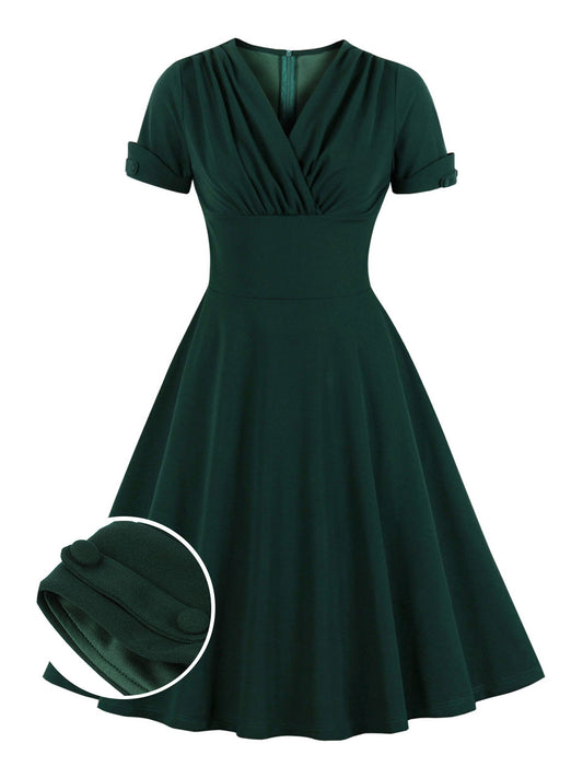 [Plus Size] Dark Green 1950s V-Neck Solid Swing Dress