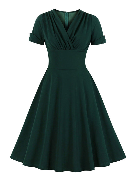 [Plus Size] Dark Green 1950s V-Neck Solid Swing Dress