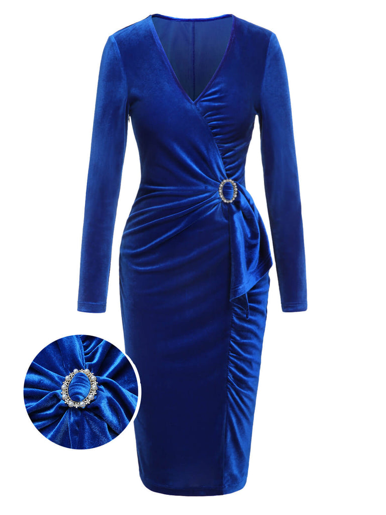 Dark Blue 1960s V-Neck Pleated Velvet Dress