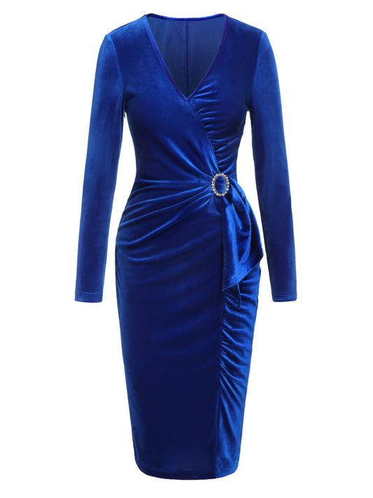 Dark Blue 1960s V-Neck Pleated Velvet Dress