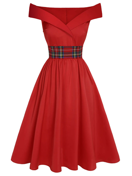 Red 1950s Christmas Plaids Off-Shoulder Dress