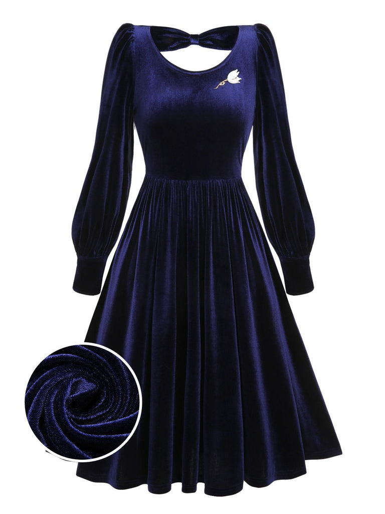 [Pre-Sale] Blue 1950s Back Hollowed Velvet Brooch Dress