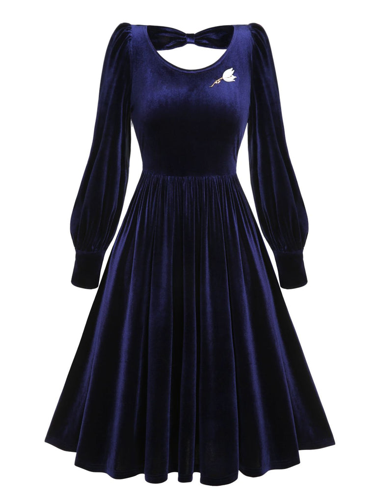 [Pre-Sale] Blue 1950s Back Hollowed Velvet Brooch Dress