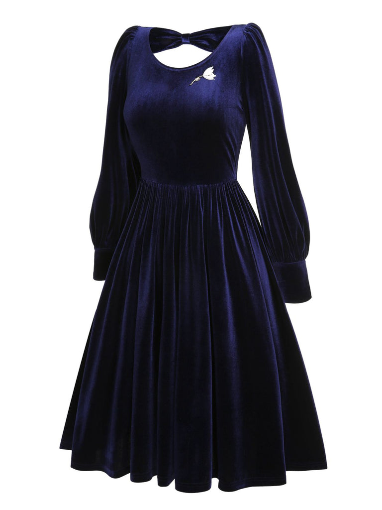 [Pre-Sale] Blue 1950s Back Hollowed Velvet Brooch Dress