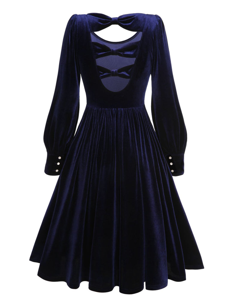 [Pre-Sale] Blue 1950s Back Hollowed Velvet Brooch Dress