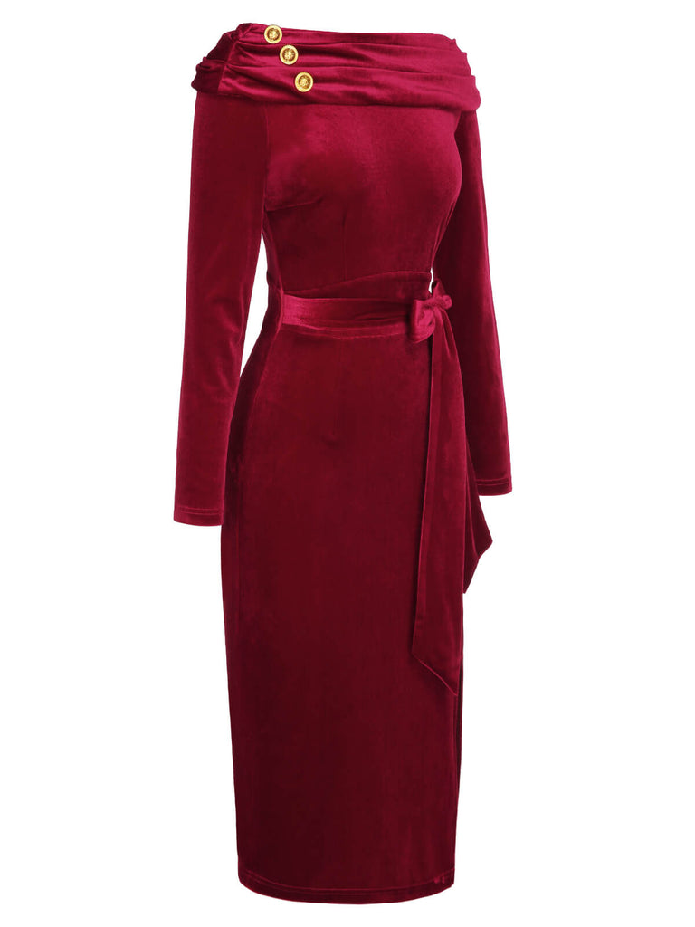 [Pre-Sale] Red 1960s Velvet Off-Shoulder Long Sleeved Dress