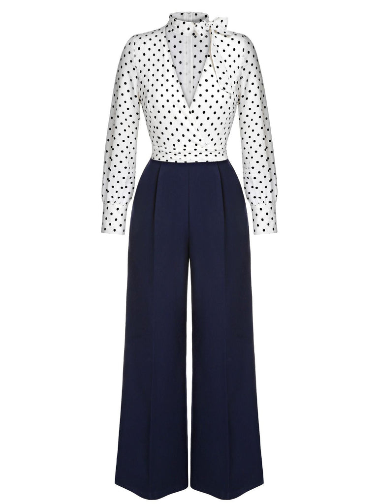 Blue & White 1930s Polka Dots Tie Neck Jumpsuit