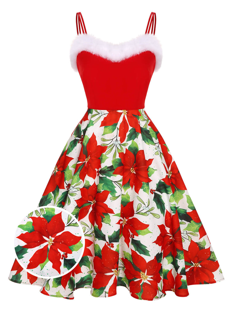 [Pre-Sale] Red 1950s Christmas Poinsettia Shaggy Trimmed Dress