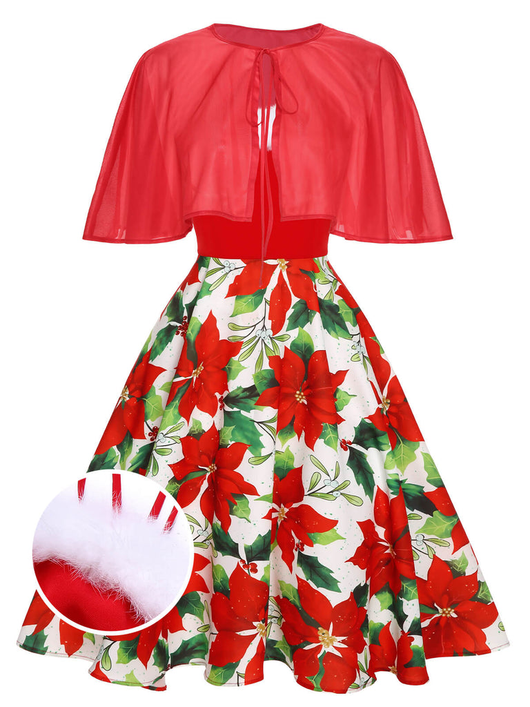 [Pre-Sale] 2PCS Red 1950s Christmas Poinsettia Dress & Cape