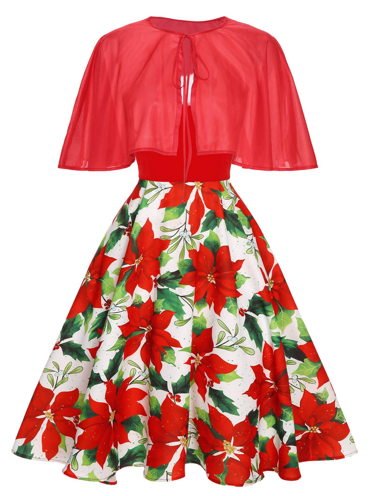 [Pre-Sale] 2PCS Red 1950s Christmas Poinsettia Dress & Cape