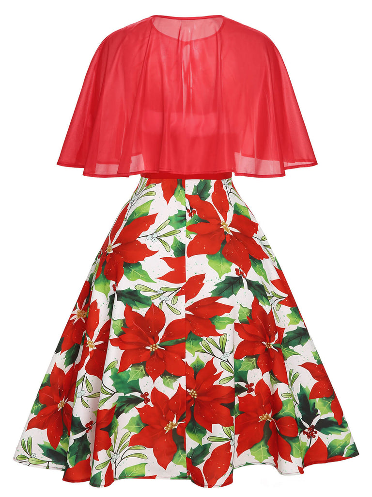 [Pre-Sale] 2PCS Red 1950s Christmas Poinsettia Dress & Cape