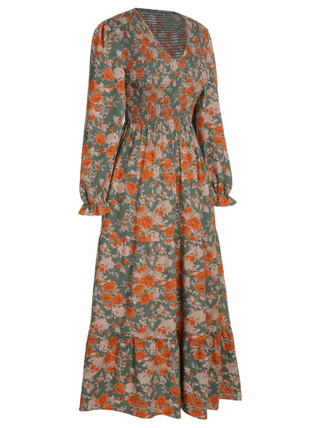 1940s V-Neck Floral Long-Sleeved Dress | Retro Stage