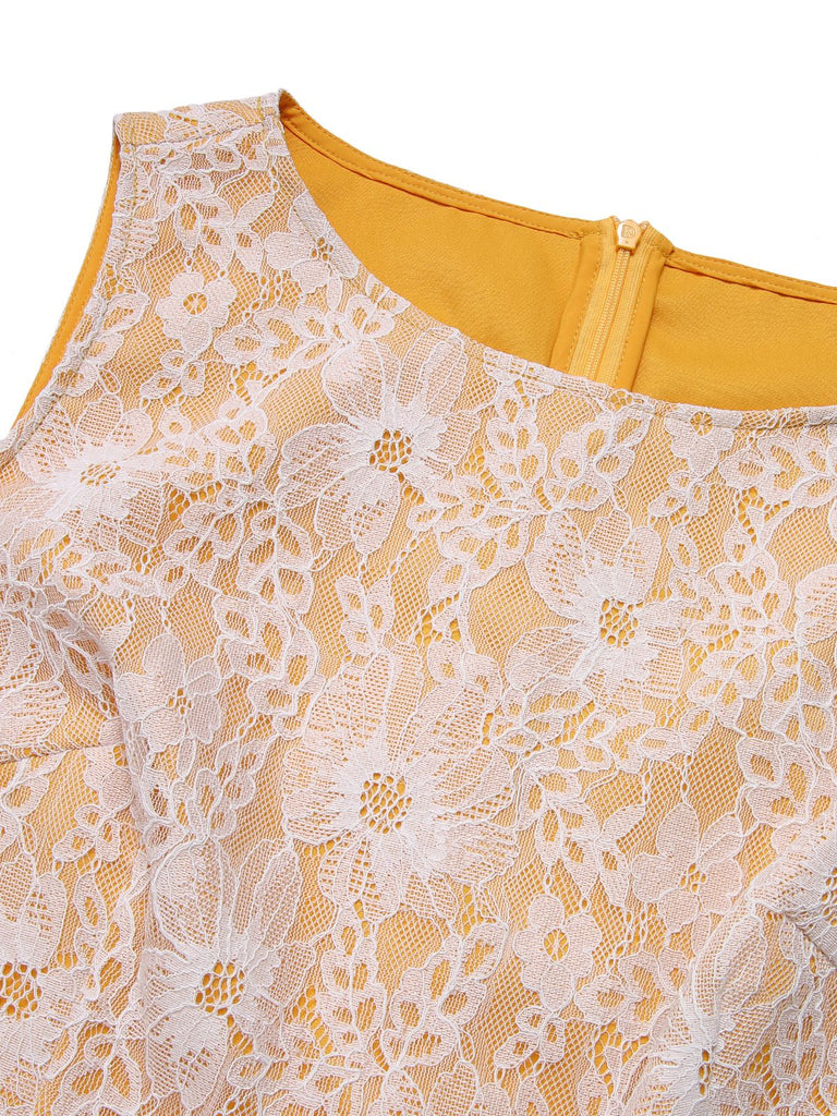 [Pre-Sale] 2PCS Yellow 1960s Solid Lace Belt Dress & Lapel Jacket