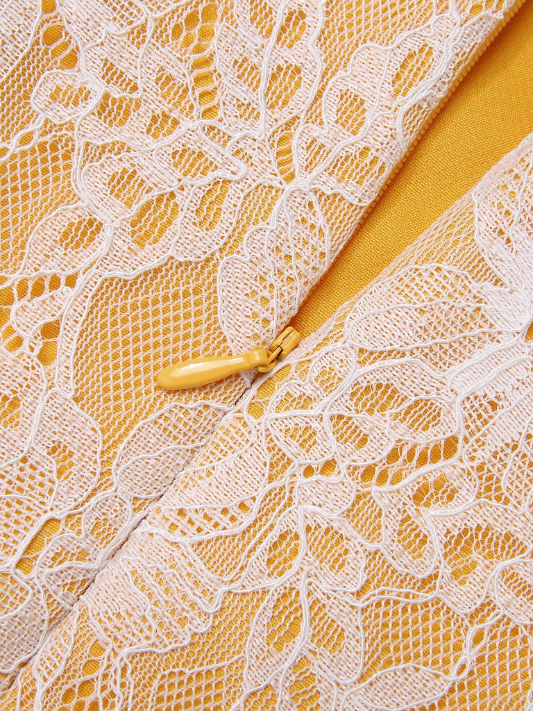 [Pre-Sale] 2PCS Yellow 1960s Solid Lace Belt Dress & Lapel Jacket