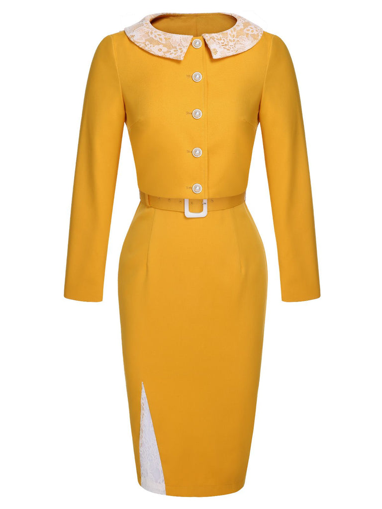 [Pre-Sale] 2PCS Yellow 1960s Solid Lace Belt Dress & Lapel Jacket