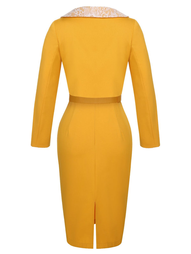 [Pre-Sale] 2PCS Yellow 1960s Solid Lace Belt Dress & Lapel Jacket