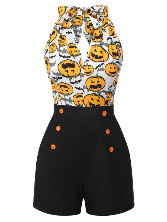 Black 1950s Halloween Pumpkin Halter Romper