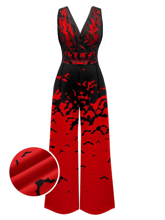 Red 1930s Halloween V-Neck Bat Jumpsuit