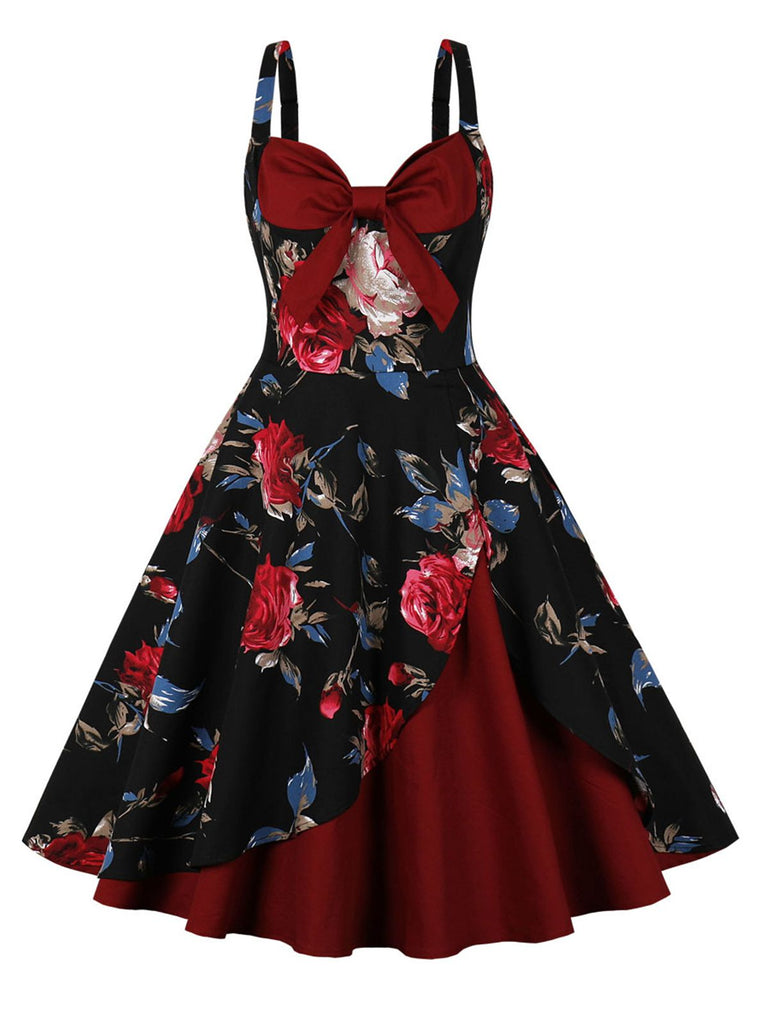Deep Red 1950s Rose Strap Patchwork Dress | Retro Stage