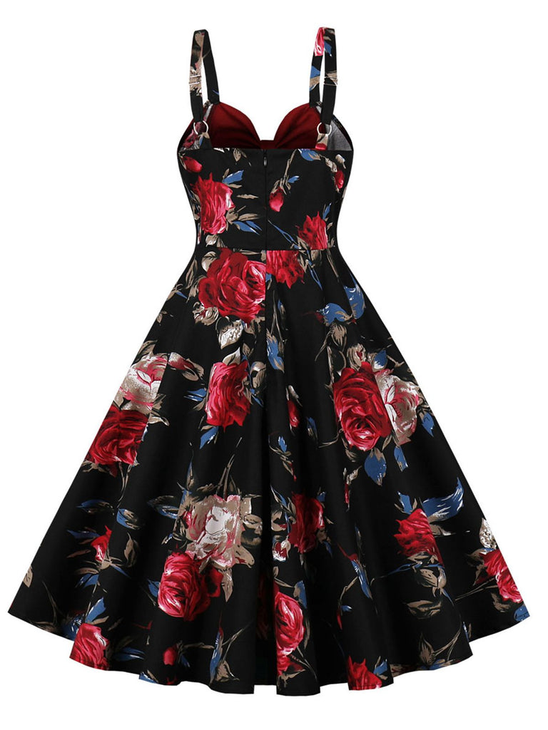 Deep Red 1950s Rose Strap Patchwork Dress | Retro Stage