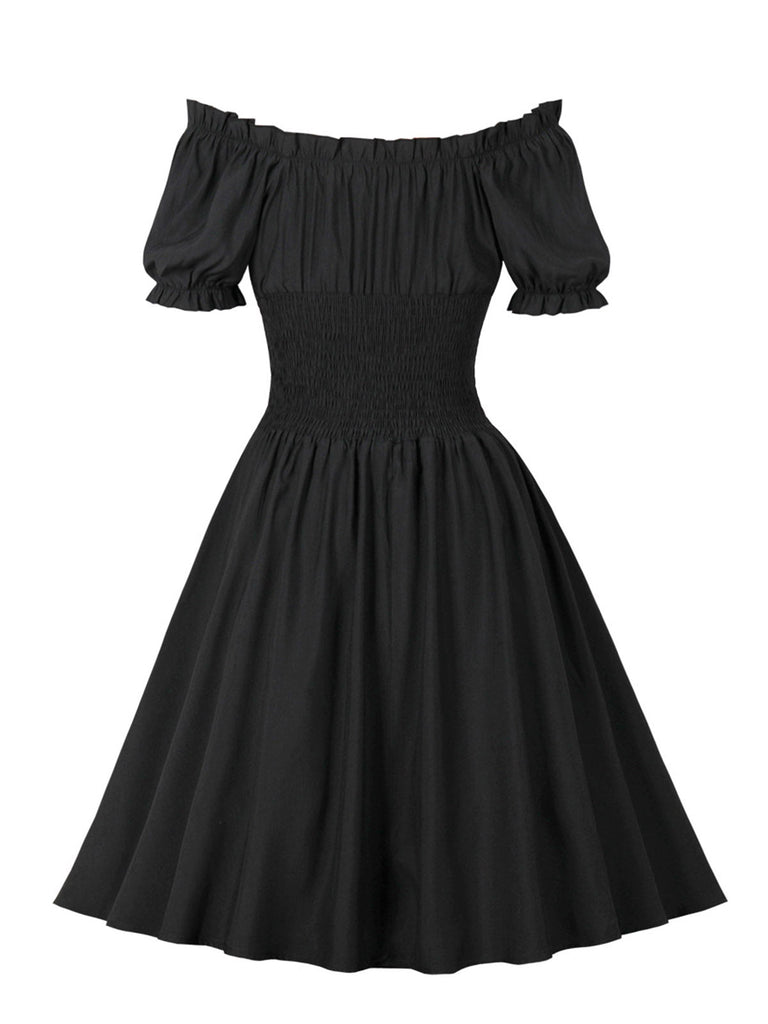 1950s Solid Smocked Waist Off-Shoulder Dress