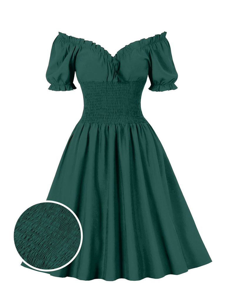 1950s Solid Smocked Waist Off-Shoulder Dress