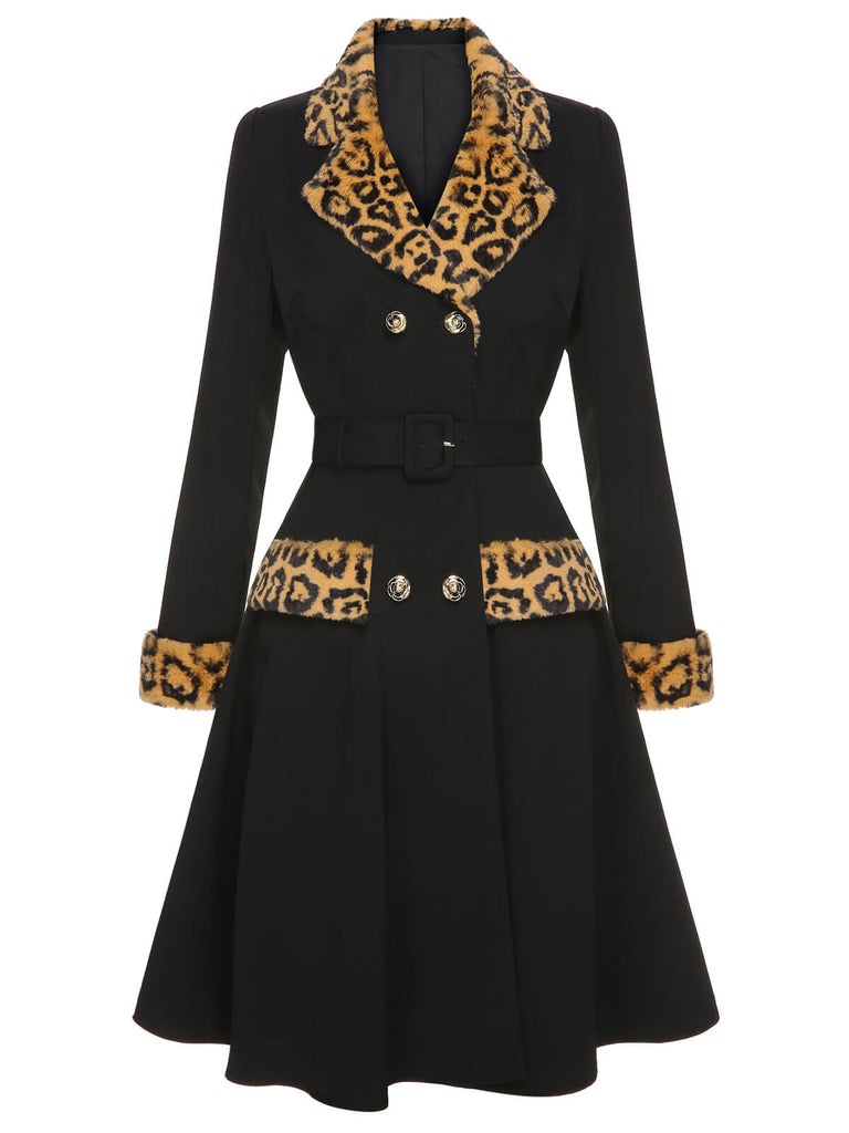 Black 1950s Leopard Lapel Pocket Coat