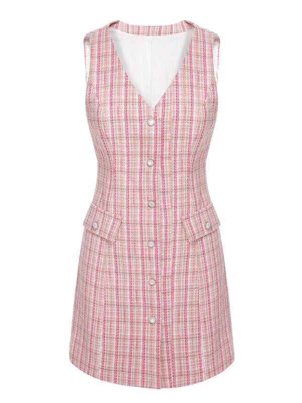 Pink Tweed V-neck Mini Dress For Date Party/Clubbing Work,S