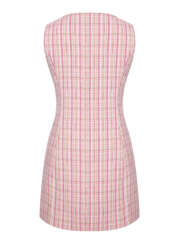 Pink Tweed V-neck Mini Dress For Date Party/Clubbing Work,S