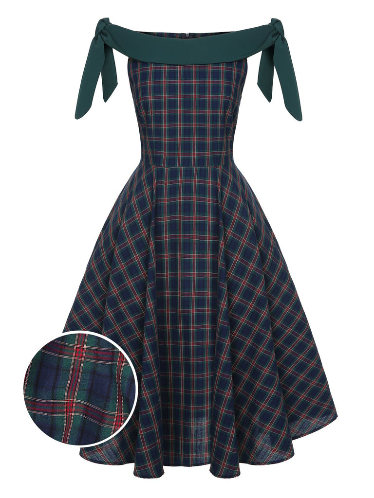 Pre Sale Green 1950s Scottish Plaid Off Shoulder Bow Dress Retro Stage