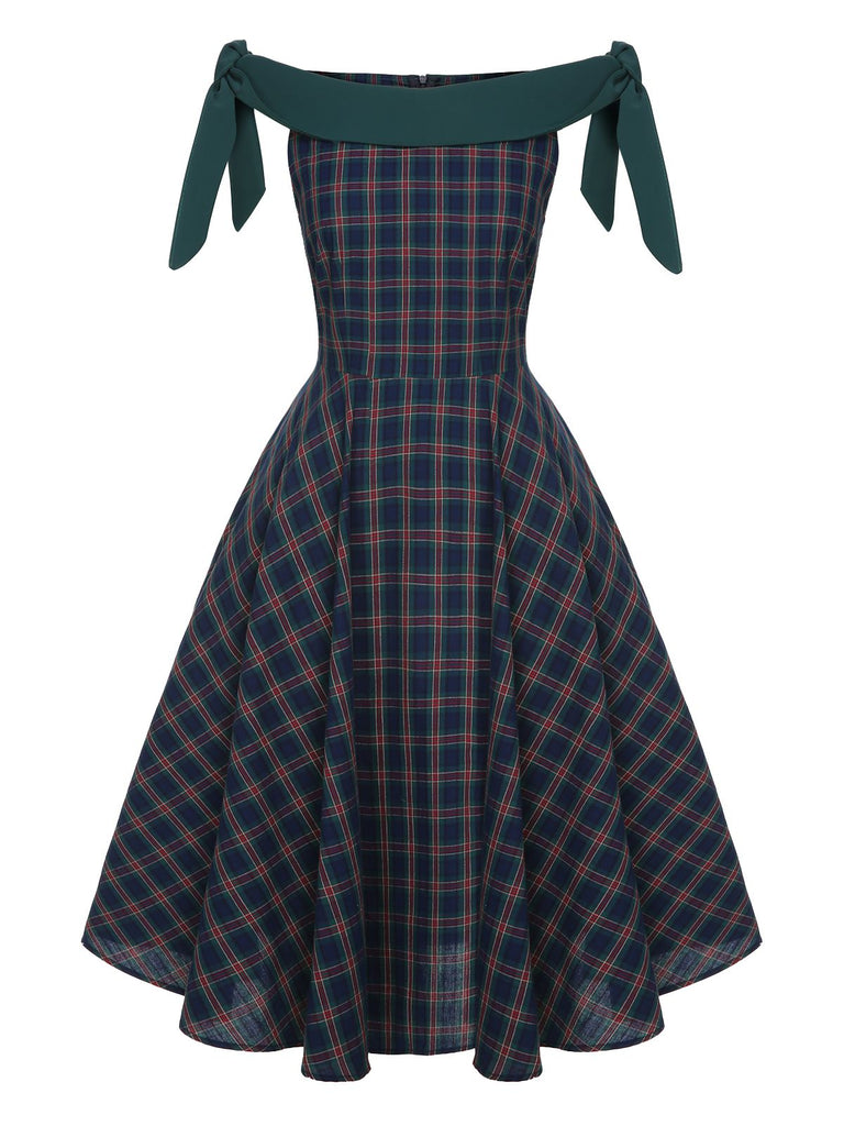 [Pre-Sale] Green 1950s Scottish Plaid Off-Shoulder Bow Dress