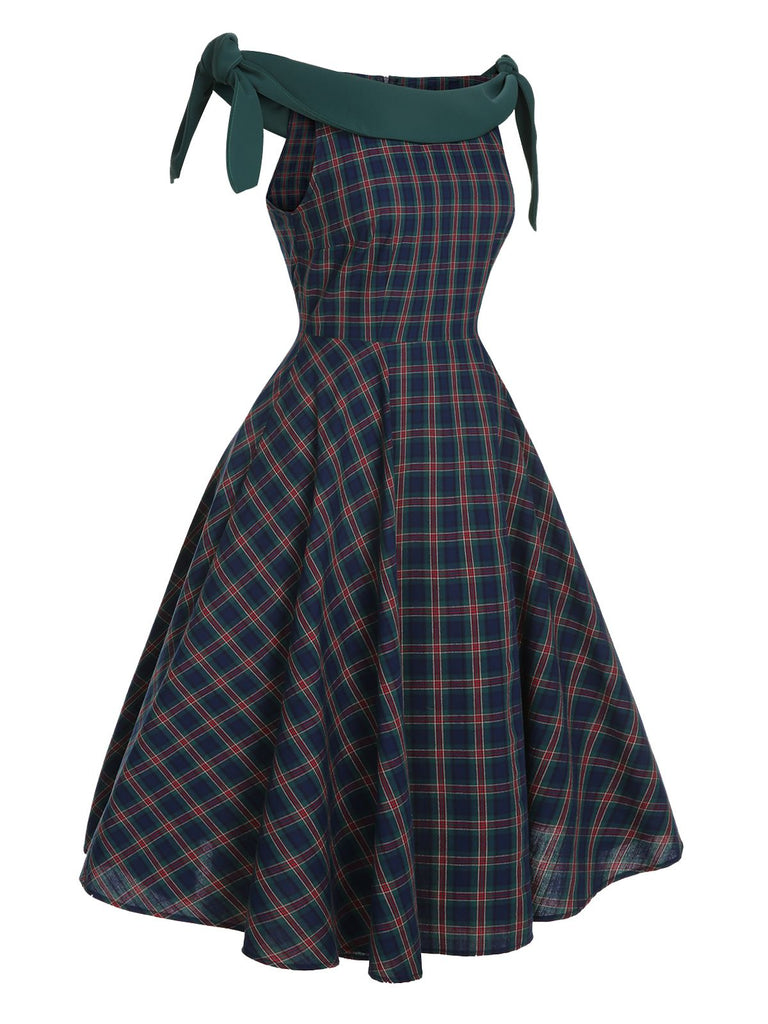 [Pre-Sale] Green 1950s Scottish Plaid Off-Shoulder Bow Dress