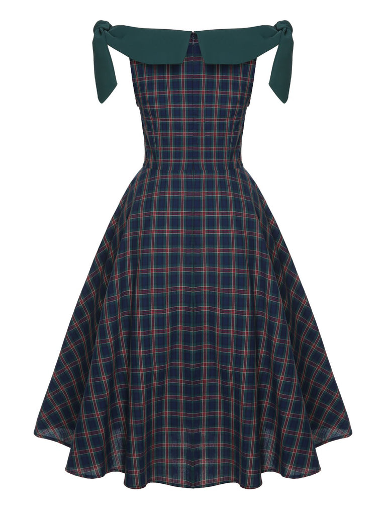 [Pre-Sale] Green 1950s Scottish Plaid Off-Shoulder Bow Dress