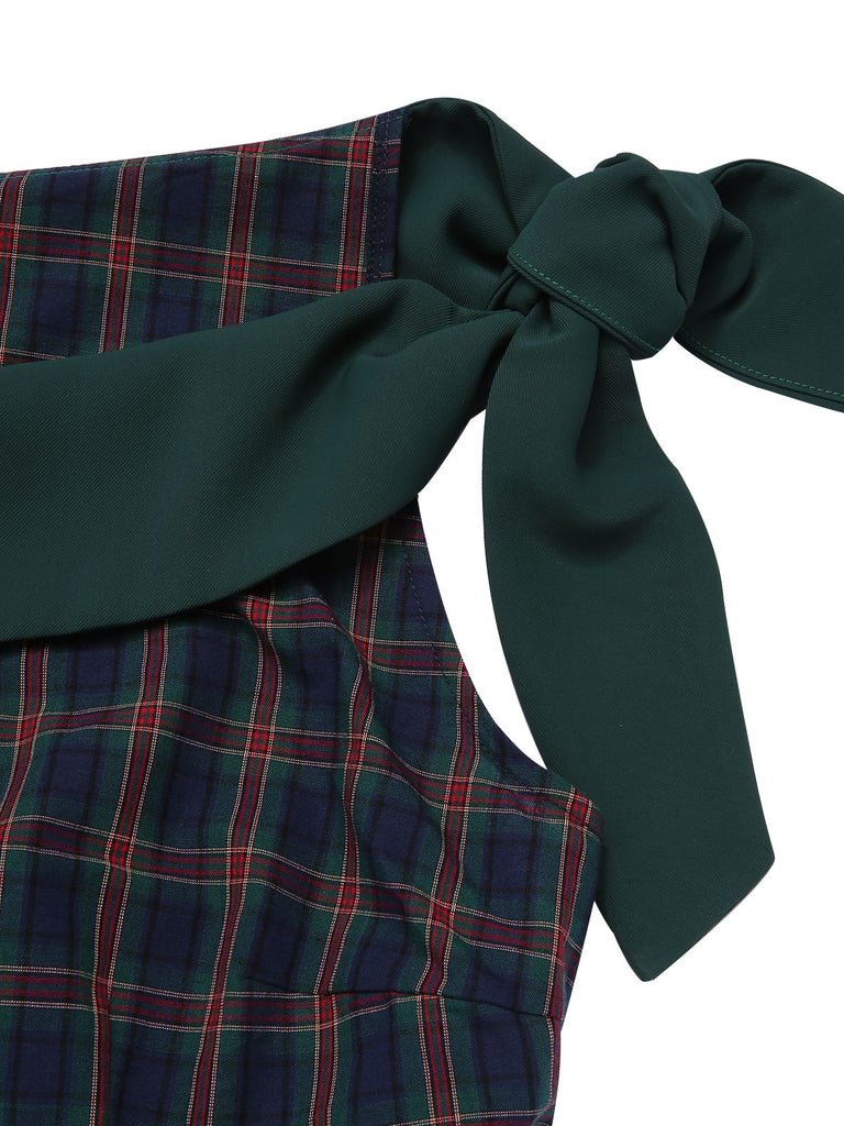 [Pre-Sale] Green 1950s Scottish Plaid Off-Shoulder Bow Dress