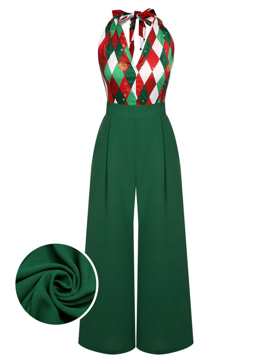 Green 1930s Christmas Plaid Lace Patchwork Jumpsuit