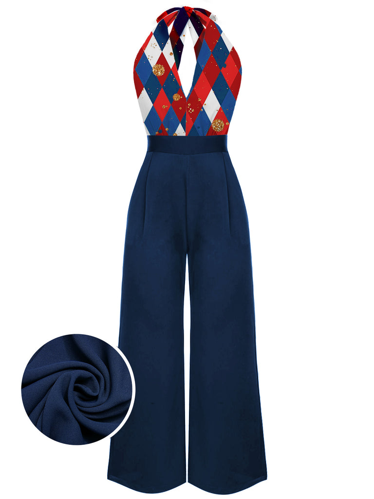 [Pre-Sale] Blue 1930s Christmas Plaid Lace Patchwork Jumpsuit