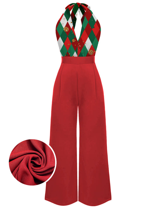 Red 1930s Christmas Plaid Lace Patchwork Jumpsuit