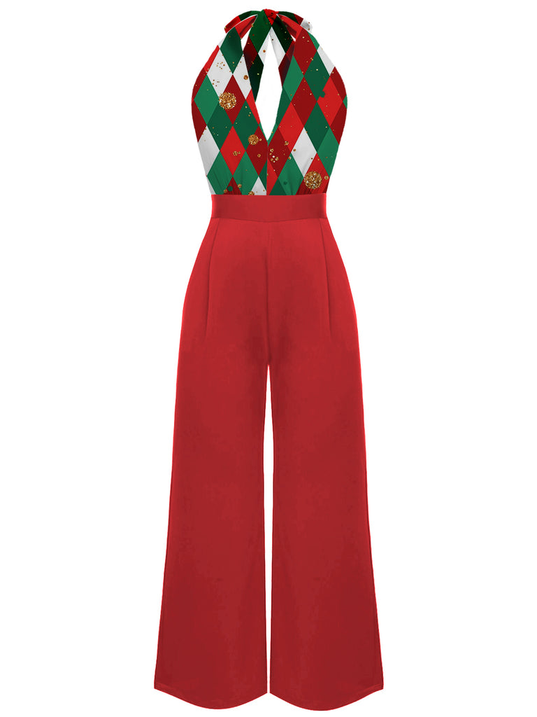 Red 1930s Christmas Plaid Lace Patchwork Jumpsuit