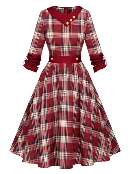 Red 1950s Roll Up Scottish Plaid Dress | Retro Stage