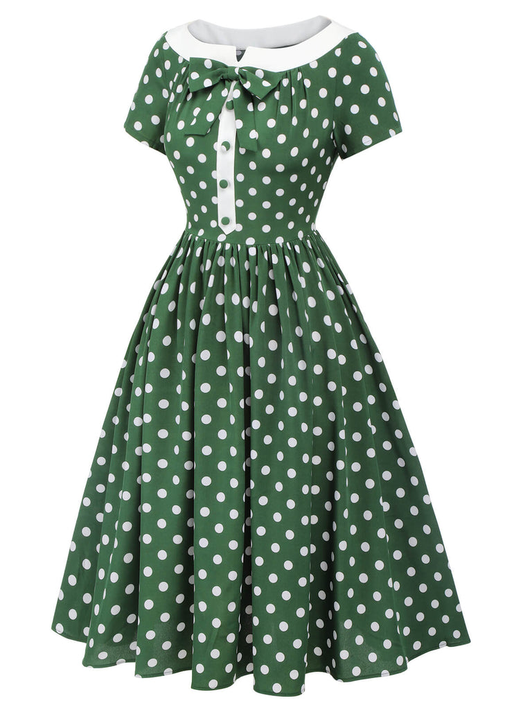 Green 1940s Polka Dot Bowknot Patchwork Dress | Retro Stage