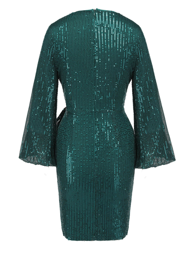 Green 1960s Christmas Sequin V-Neck Pencil Dress