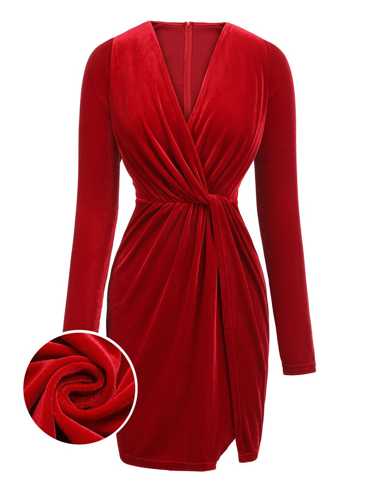 Red 1960s V-Neck Velvet Pleated Wrap Dress