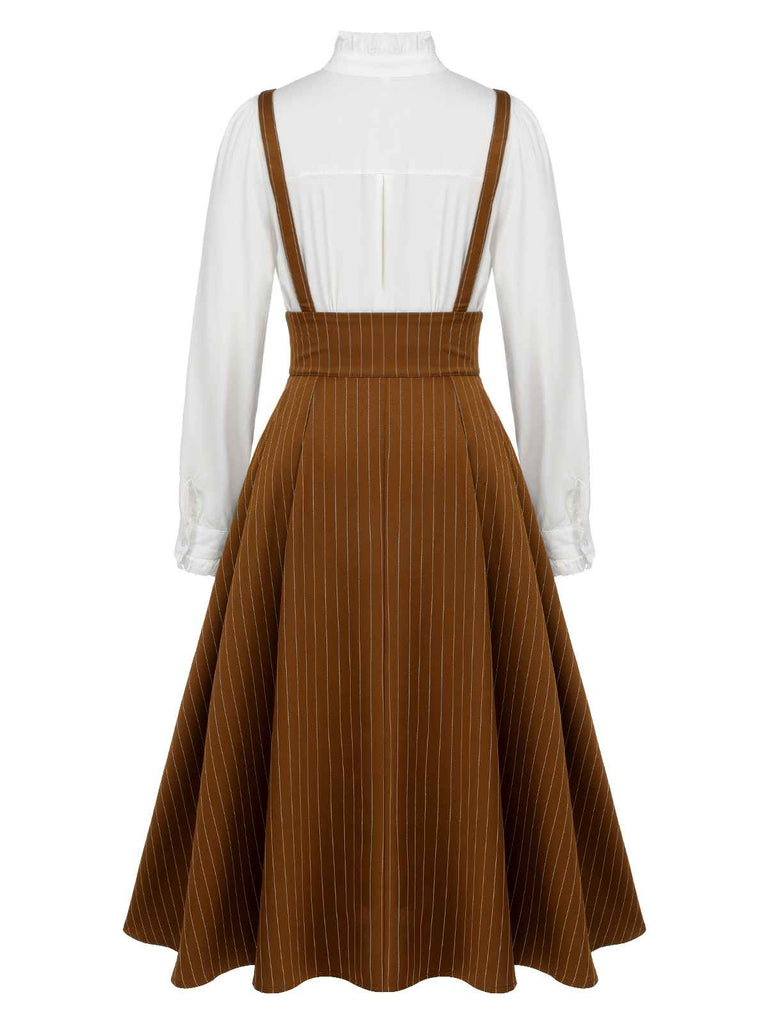 2PCS 1940s Ruffles Lantern Sleeve Blouse & Strap Skirt