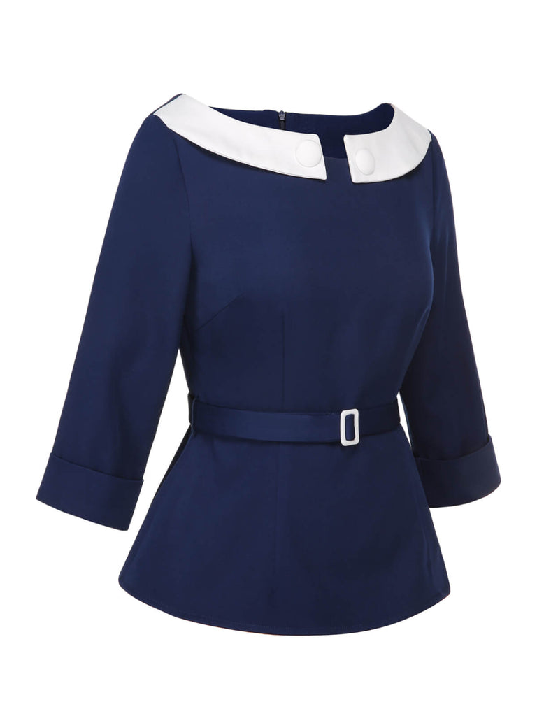 Blue 1960s Peter Pan Collar Belt Top