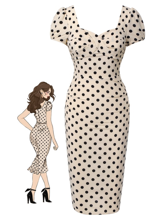 Beige 1960s Polka Dot Square Neck Puff Dress