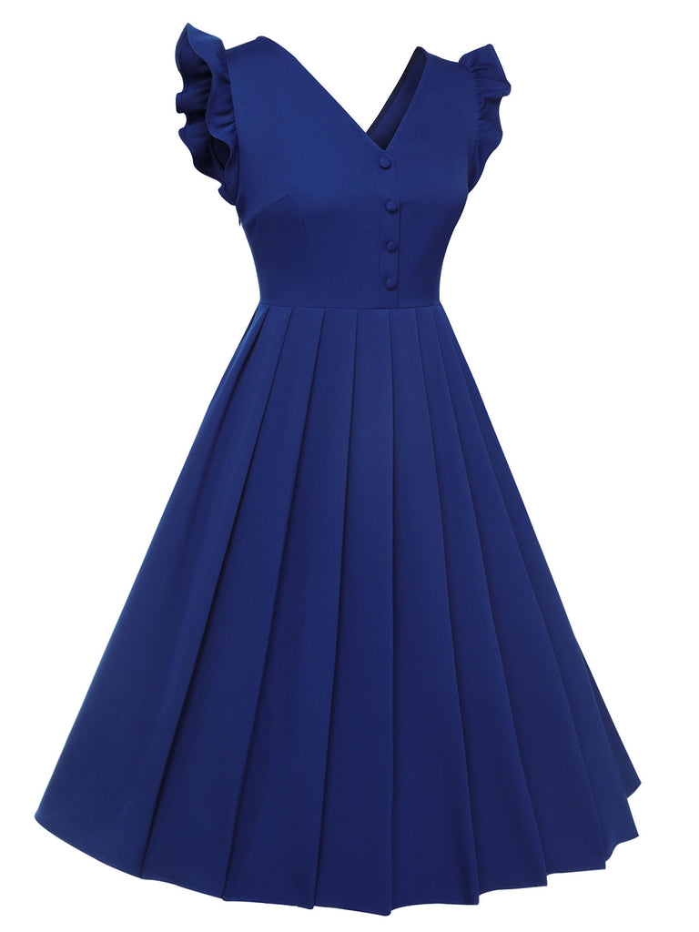 Blue 1950s Pleated Ruffles Vest Dress